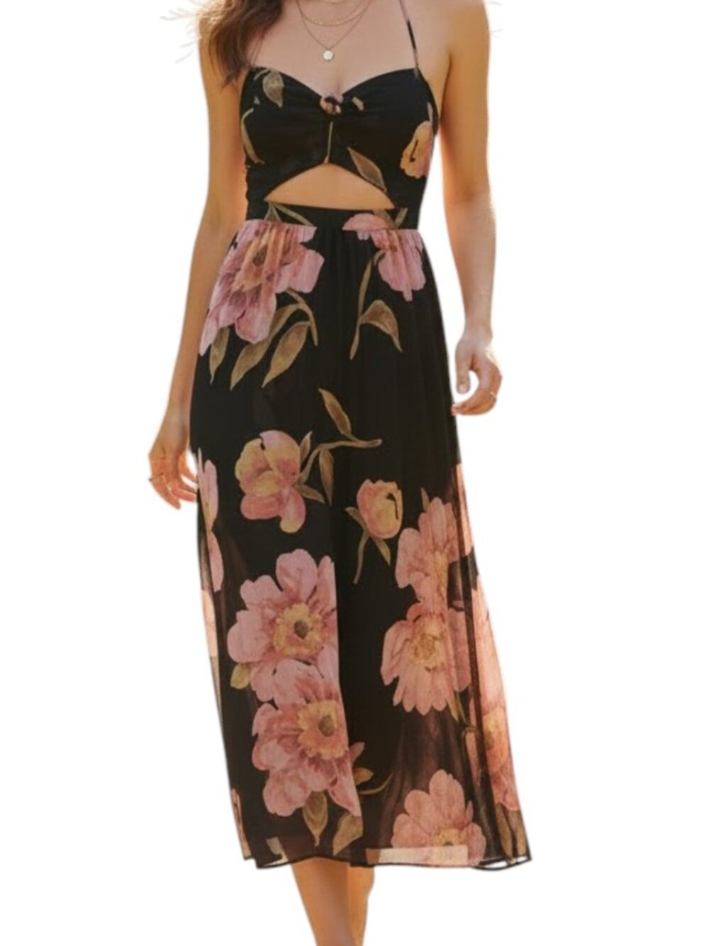 Reformation Addie Black Pink Floral Cutout Midi Dress